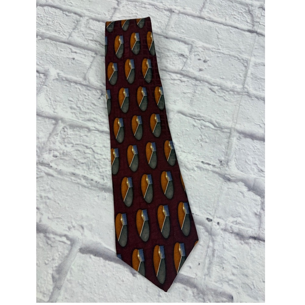 Oscar De La Renta Vintage Tie Burgundy Silk Geometric Abstract Made in USA Mens